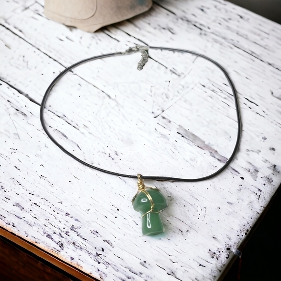 Handcrafted Aventurine Mushroom Necklace With 18-IN Cotton Wax Cord - Picture 1 of 4